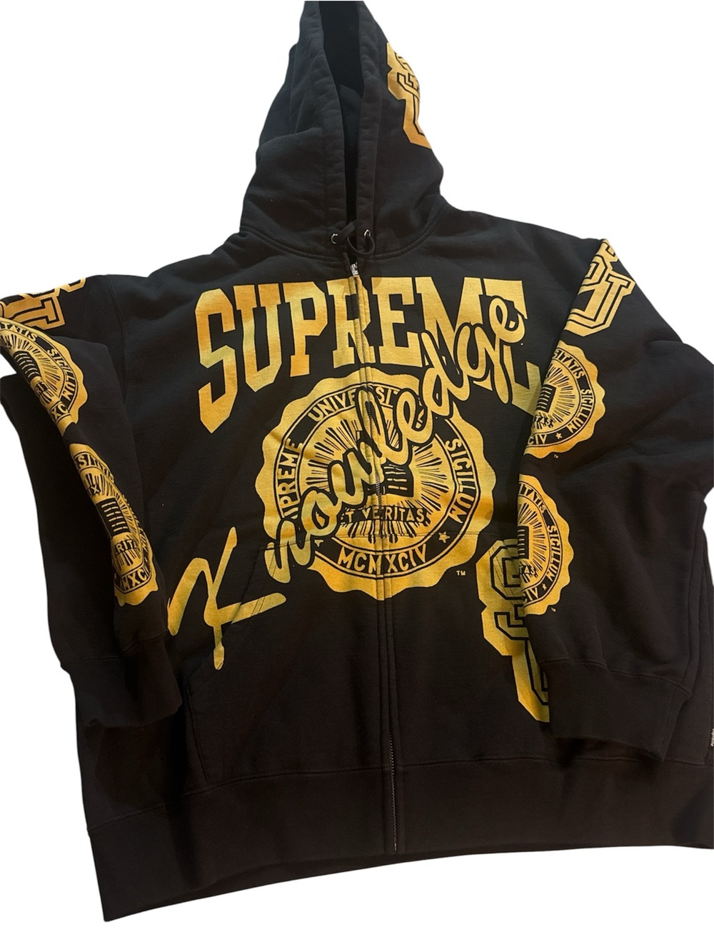 Supreme Black Hoodie with Gold Collegiate Graphics